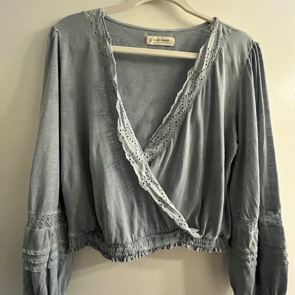 Blue Lucky Brand Lace Trim Wrap Top